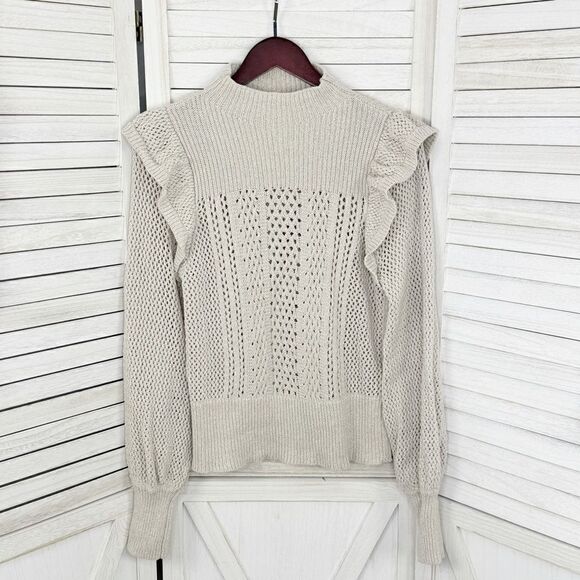 Happy Nature Ruffle Shoulder Mock Neck Open Weave Sweater Tan Beige Medium - Picture 8 of 13
